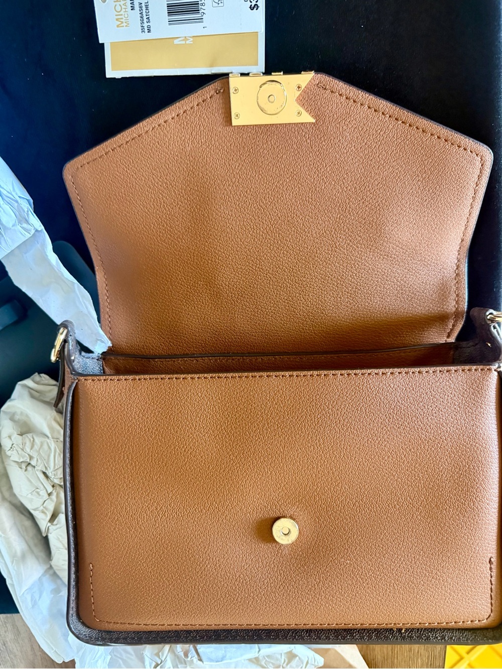 Michael Kors Tan Leather Crossbody with Gold MK Logo - Picture 3 of 8